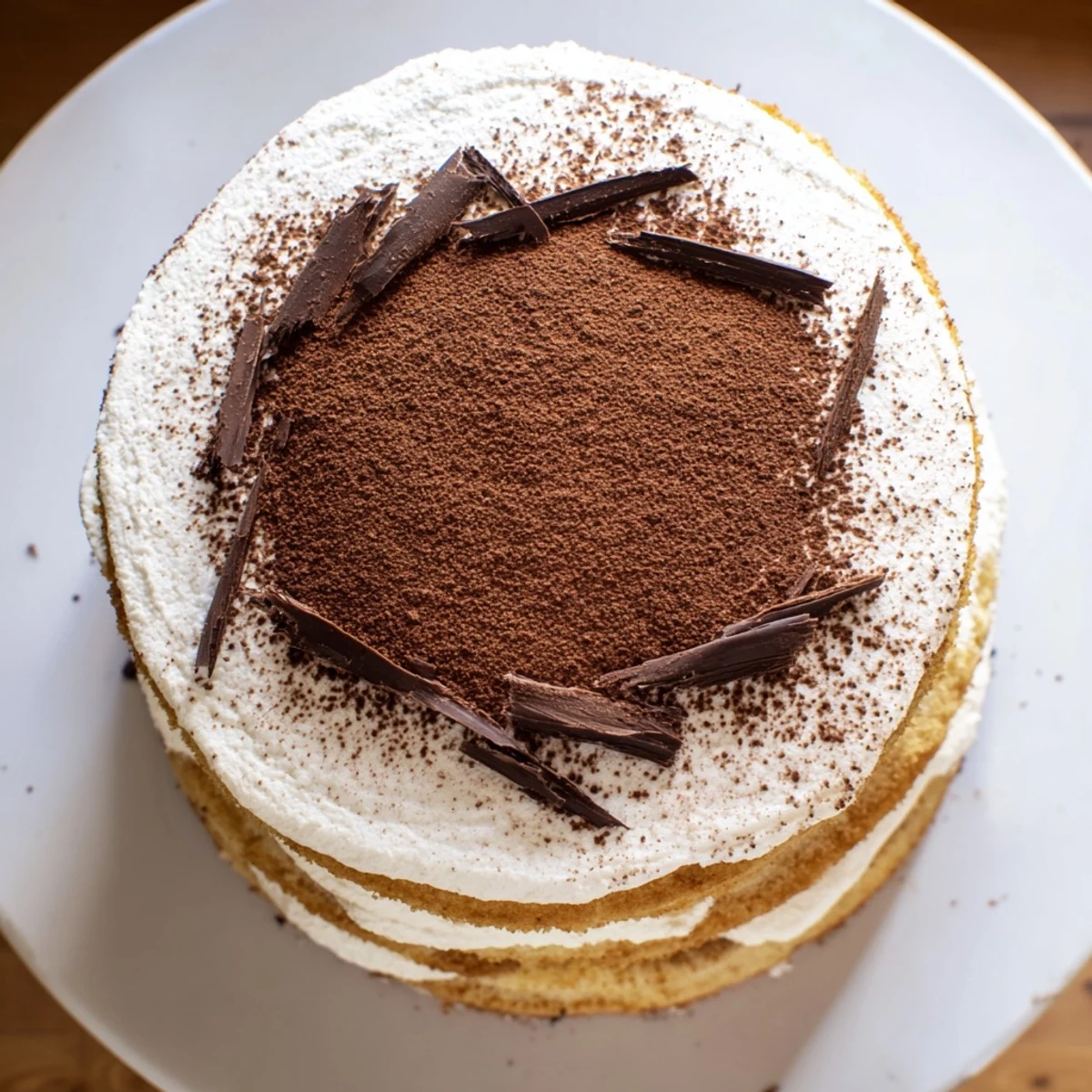 Tiramisu cake slice showing layered mascarpone cream and coffee-soaked sponge dusted with cocoa