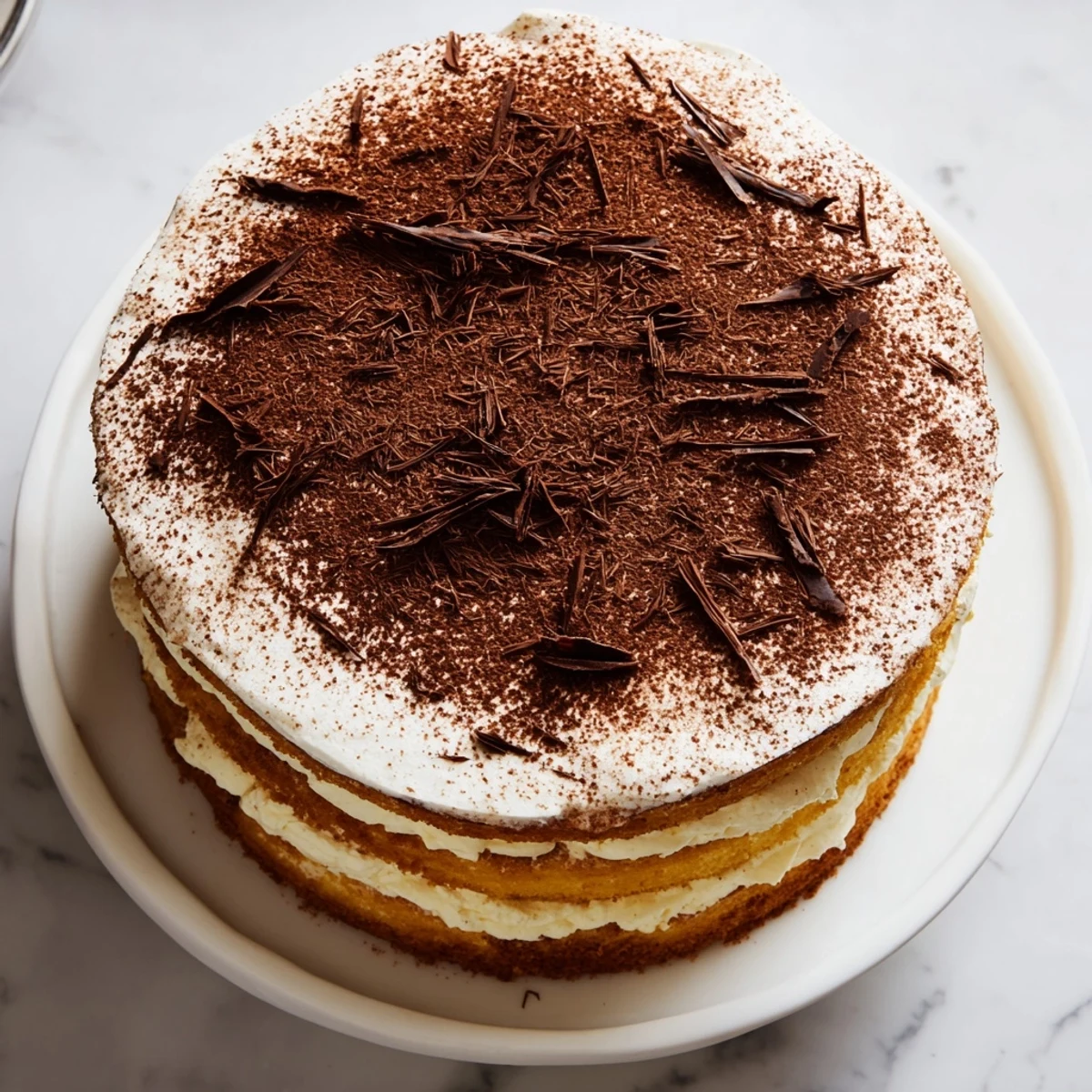 Homemade tiramisu cake with four tender layers soaked in espresso syrup and creamy mascarpone