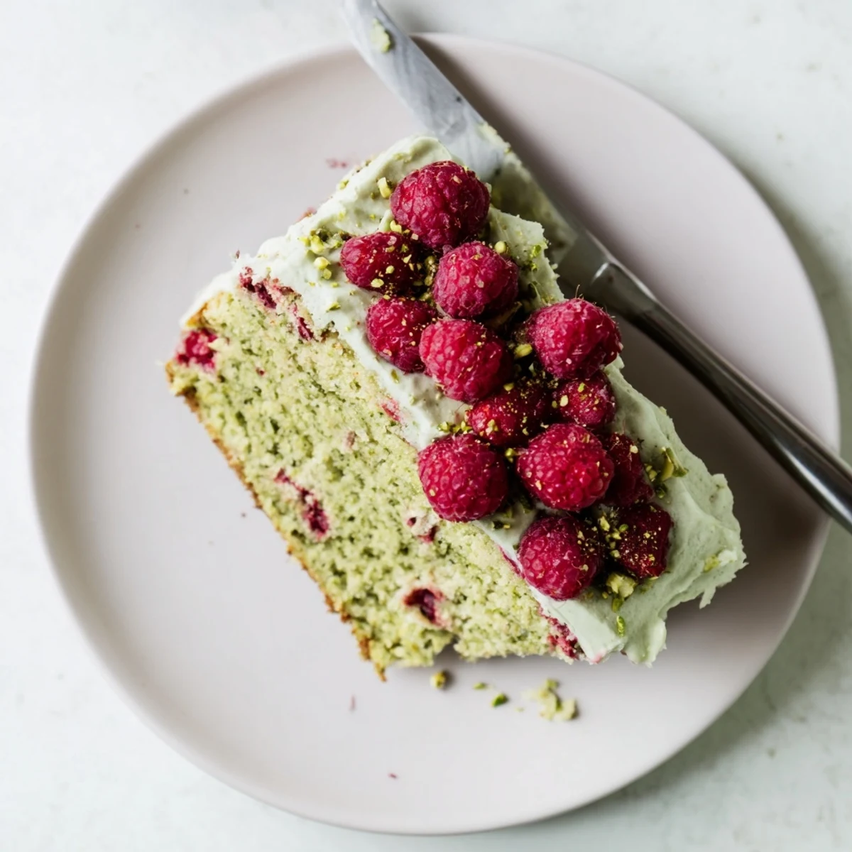 Slice of green pistachio raspberry cake topped with creamy frosting and fresh berries