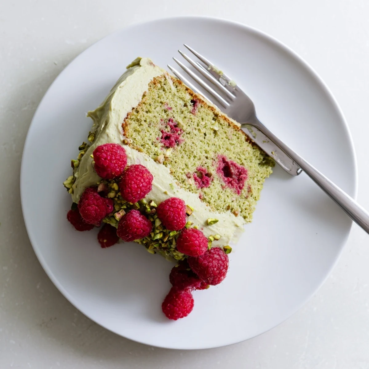 Moist pistachio raspberry cake with pink berry speckles and smooth cream cheese topping