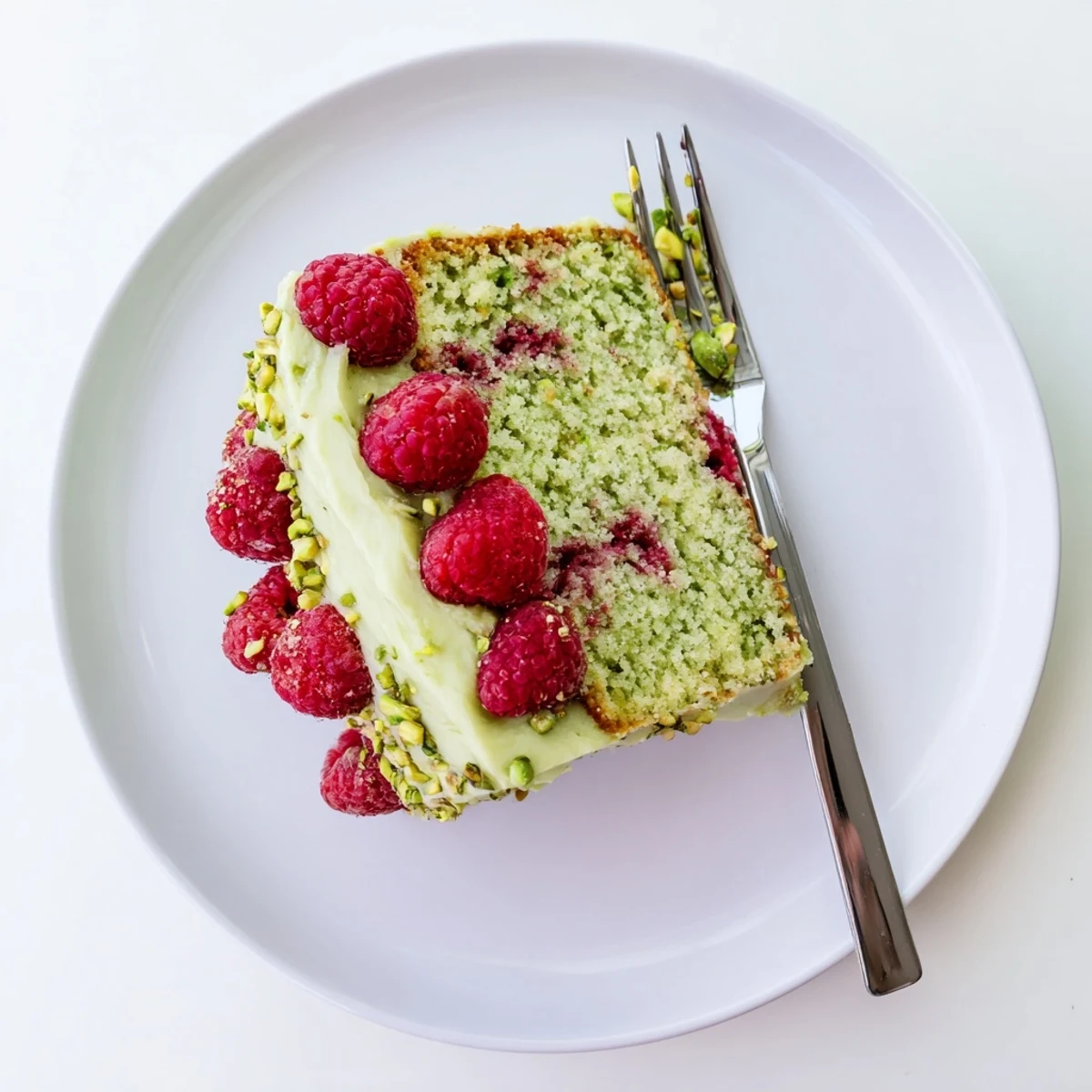 European-style pistachio raspberry cake decorated with extra raspberries and chopped pistachios on white plate