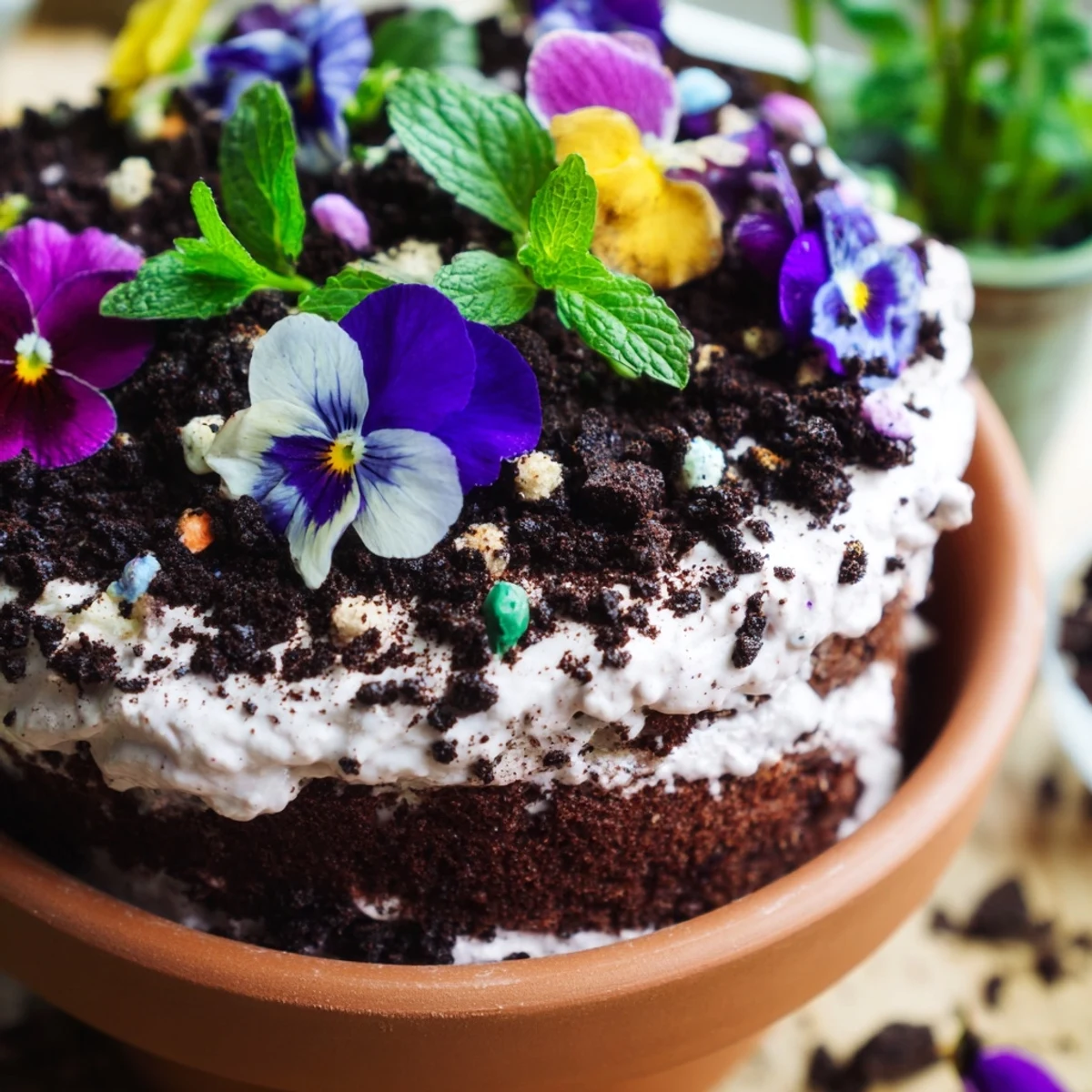 Chocolate cake edible potted floral garden topped with colorful blooms and chocolate soil