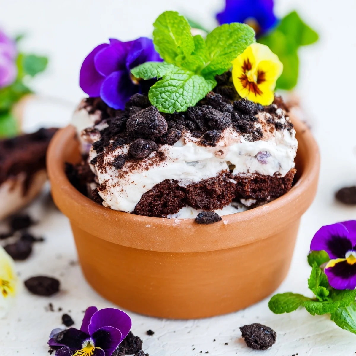 Whimsical edible potted floral garden dessert featuring layered chocolate cake and edible flowers