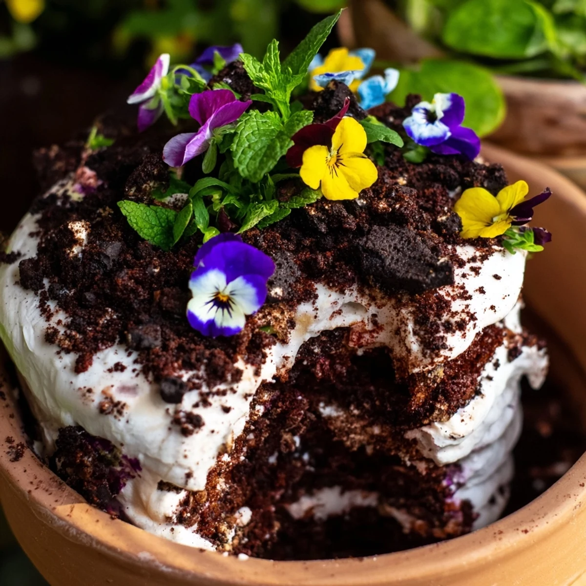 Decorative edible potted floral garden with creamy layers and fresh edible flowers
