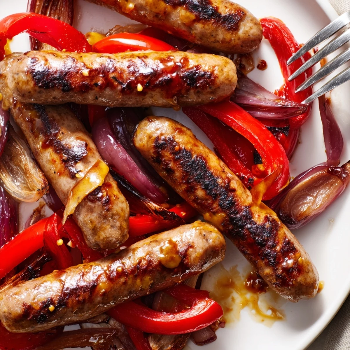 Golden grilled BBQ beef sausage with colorful peppers and tangy mustard honey glaze