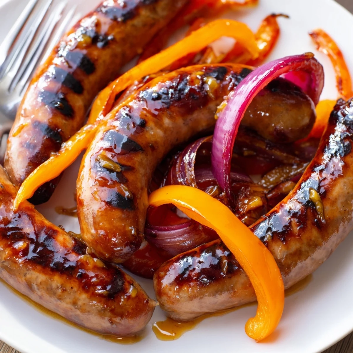 Savory beef sausages charred on grill alongside caramelized onions and sweet bell peppers
