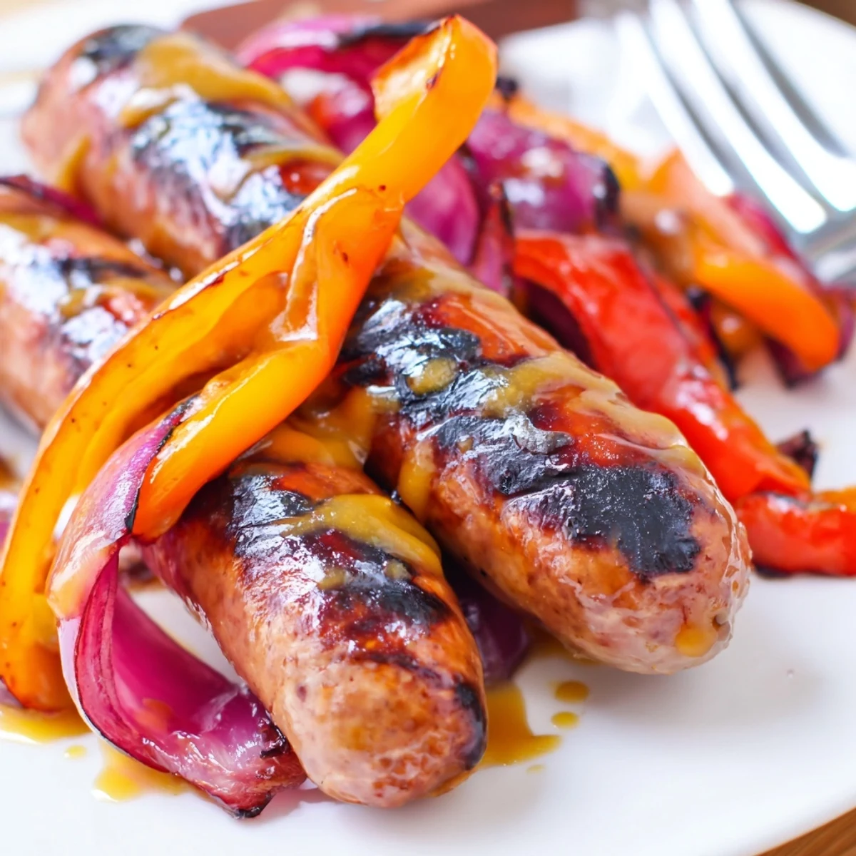 Plate of juicy BBQ beef sausage topped with honey mustard glaze and grilled vegetables