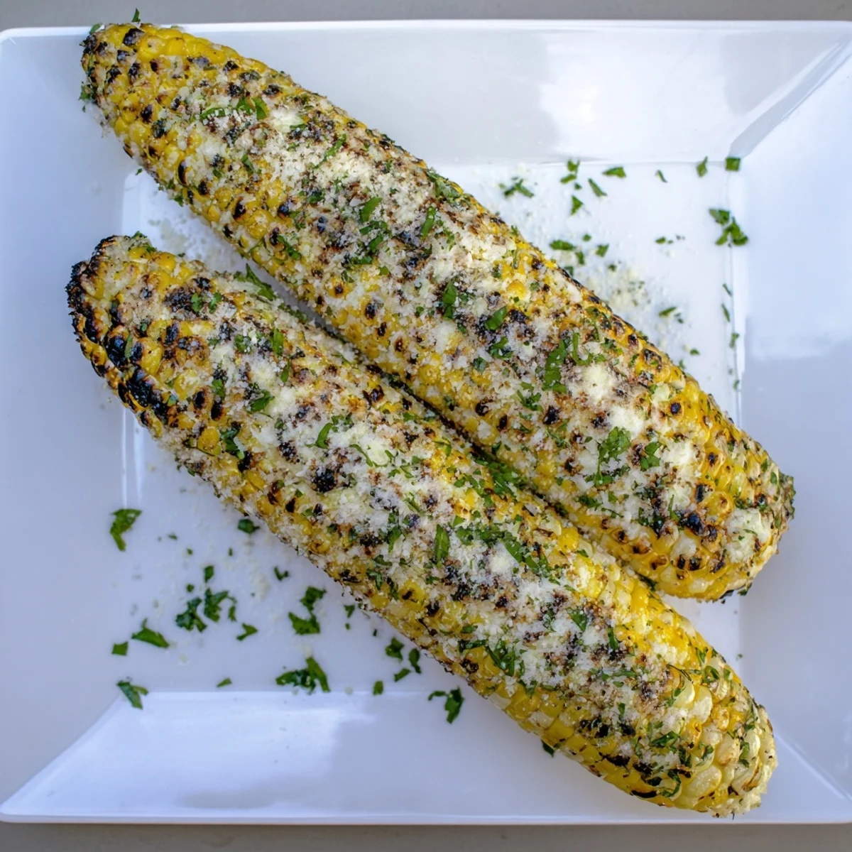 Golden grilled corn on the cob coated with zesty parmesan ranch herb mixture