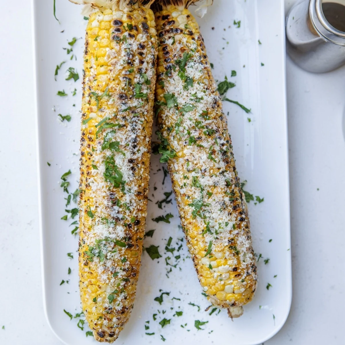 Charred sweet corn ears brushed with herb butter and sprinkled with savory parmesan ranch seasoning