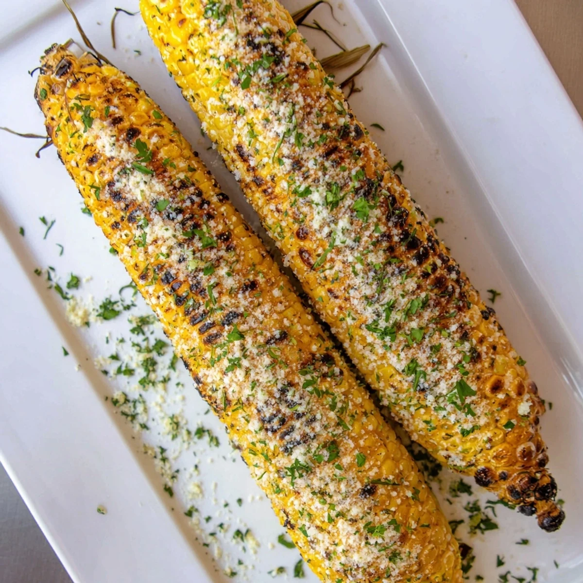 Flame-grilled corn on the cob topped with melted parmesan ranch coating and fresh chopped herbs