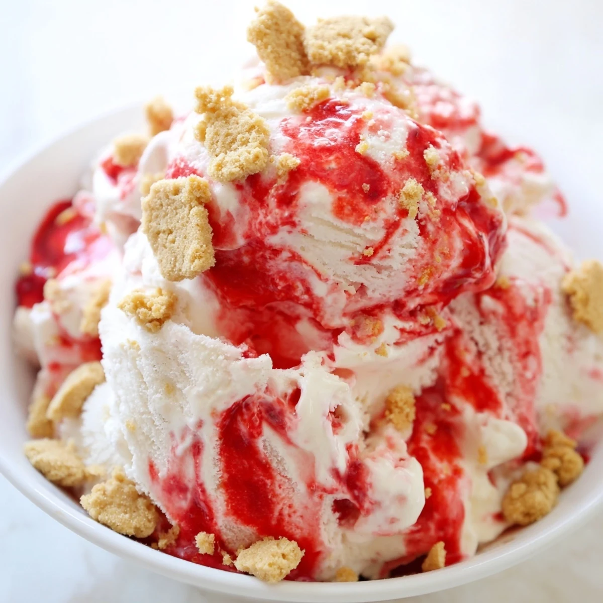 Creamy homemade churn strawberry cheesecake ice cream swirled with sweet red berry ribbons and golden graham cracker crumble topping