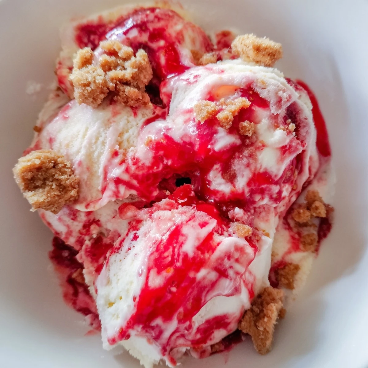 Rich strawberry cheesecake ice cream piled in a chilled glass bowl with fresh strawberry garnish and buttery biscuit pieces
