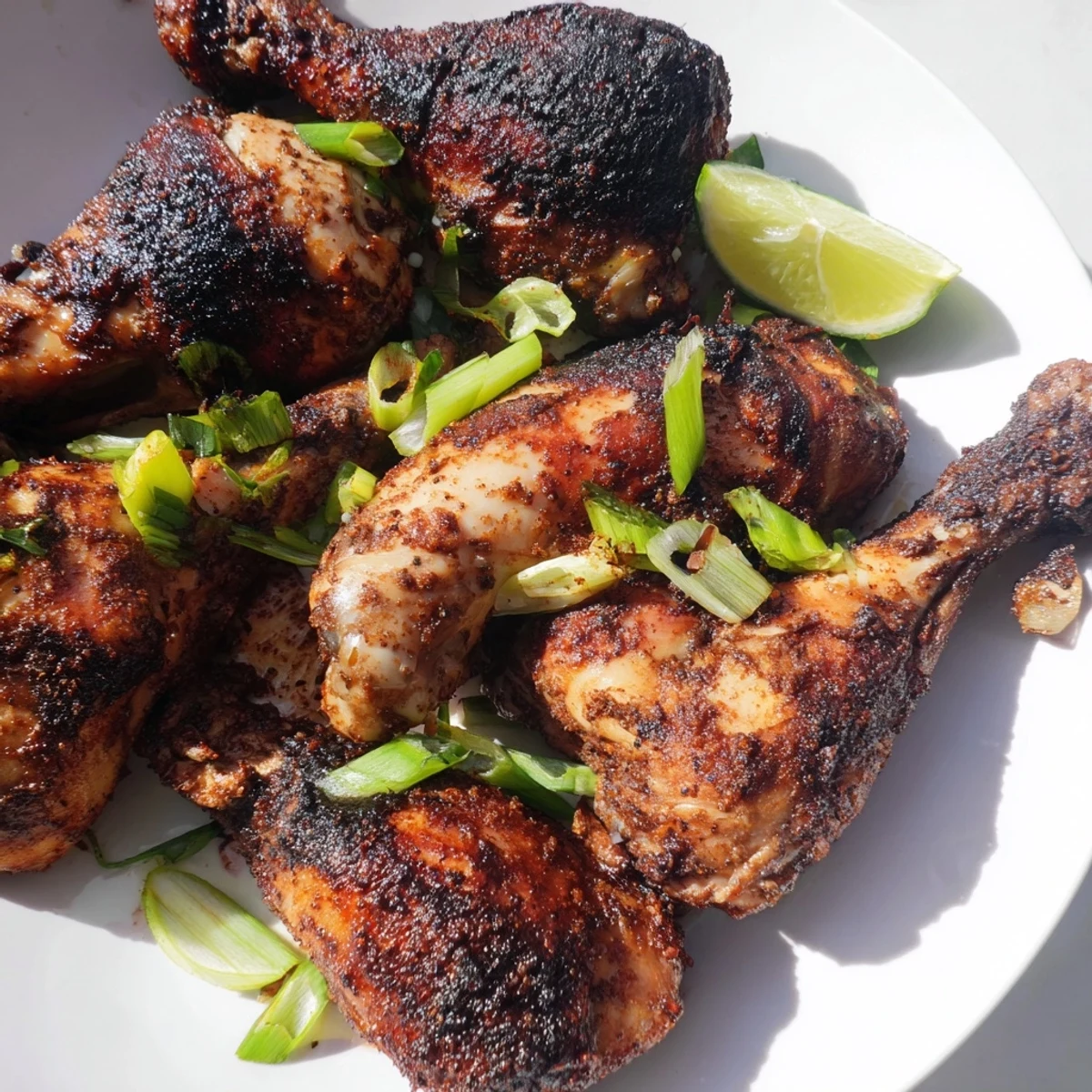 Charred grilled Jamaican jerk chicken thighs with crispy skin and smoky marinade