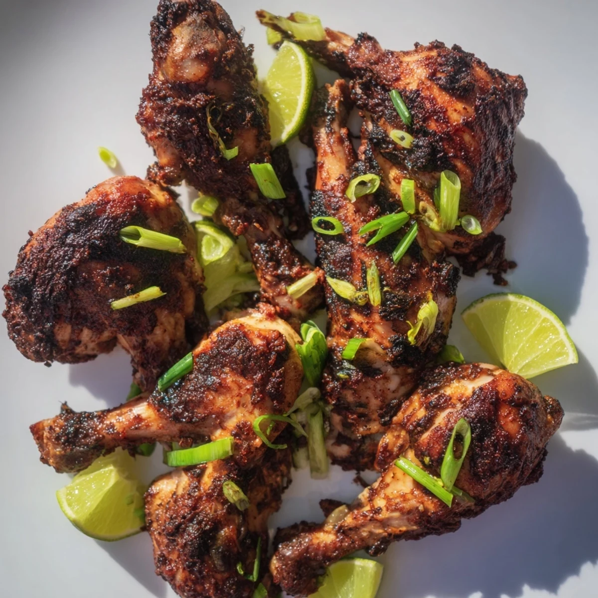 Golden brown Jamaican jerk chicken resting on cutting board with lime wedges