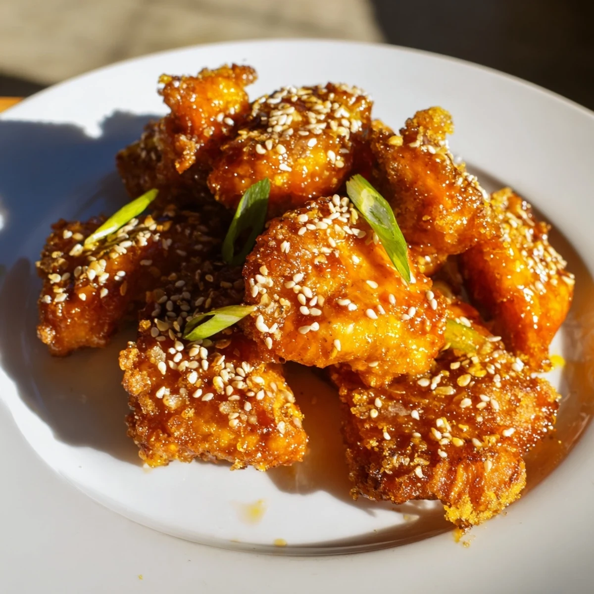 Golden baked orange chicken pieces glazed in glossy sweet citrus sauce with sesame seeds