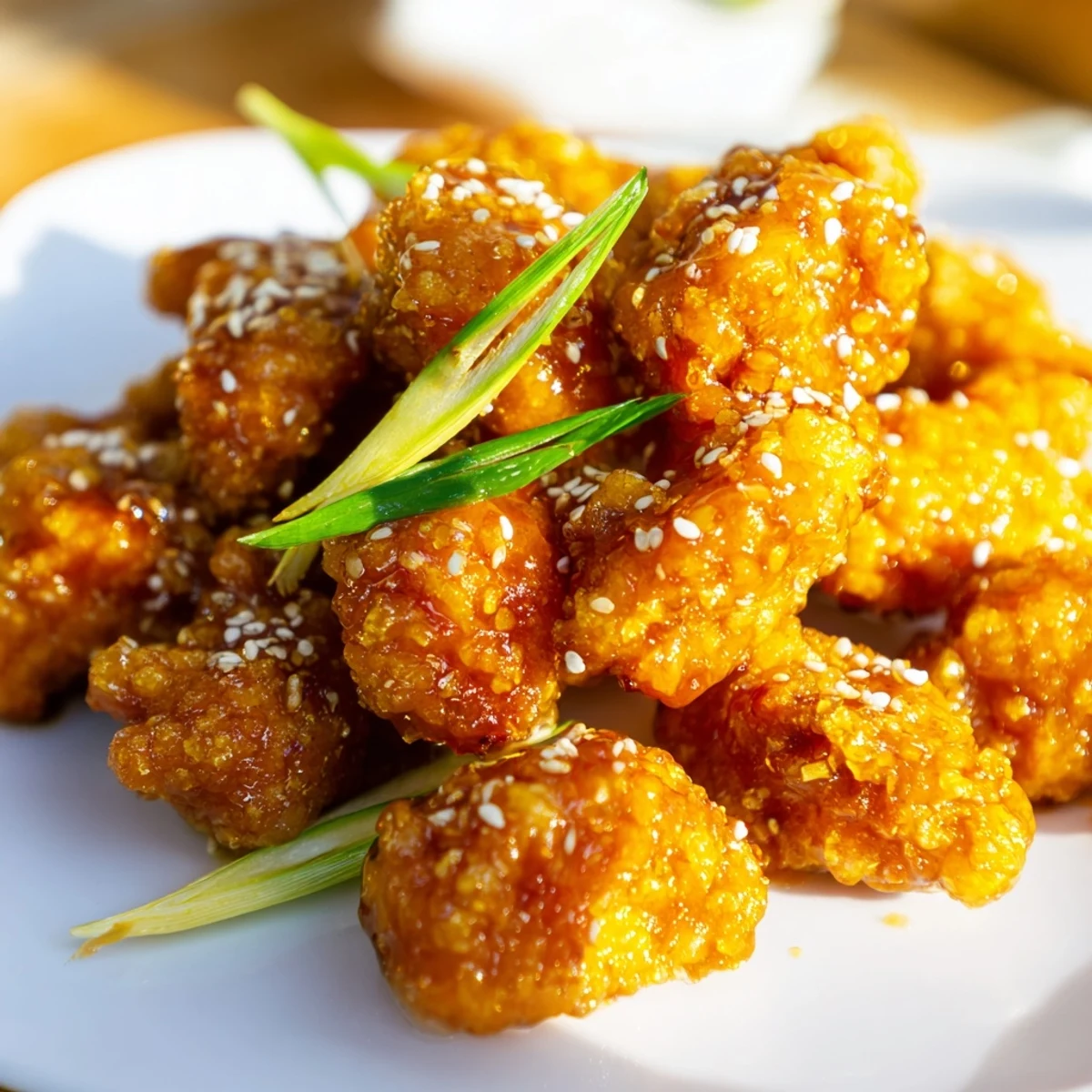 Healthier baked orange chicken served over white rice with thick sticky orange glaze coating