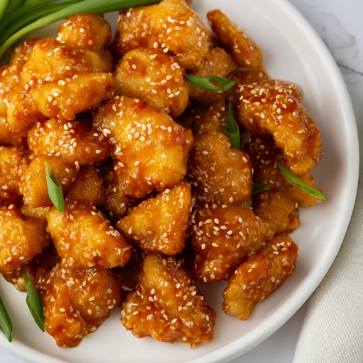 Crispy oven-baked orange chicken tossed in tangy orange sauce garnished with fresh green onions