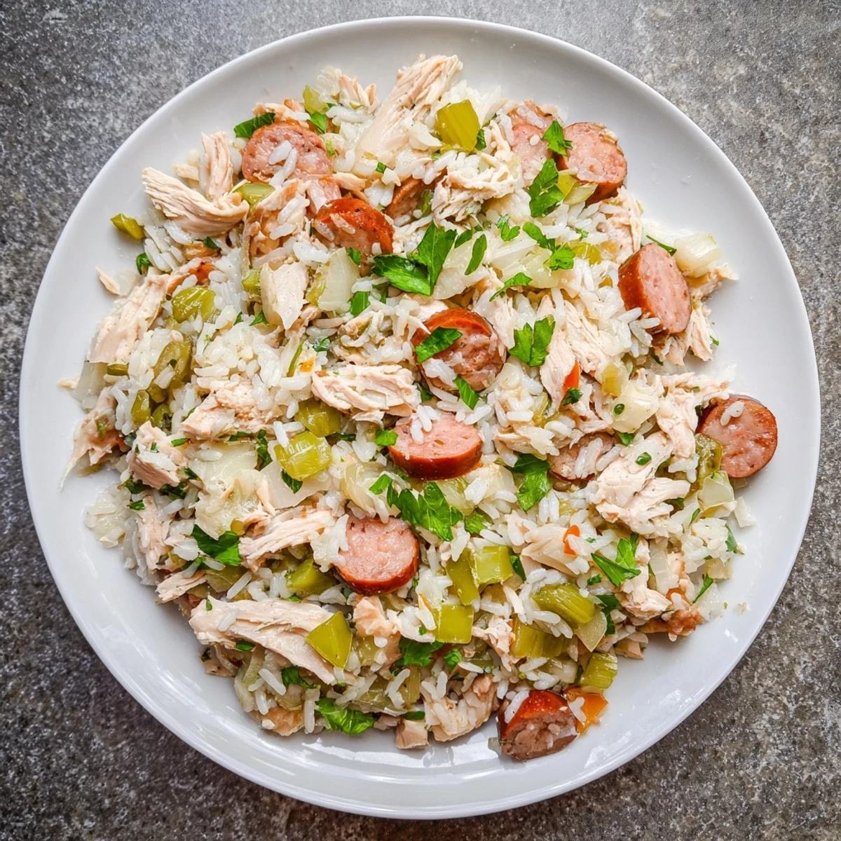 Savory Chicken Bog topped with fresh parsley, showcasing succulent chicken pieces and sliced sausage nestled in perfectly cooked rice