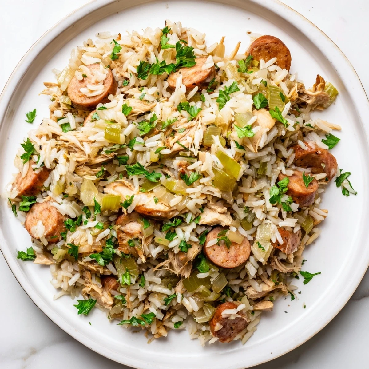 Hearty Southern Chicken Bog featuring tender shredded chicken, smoked sausage, and fluffy seasoned rice in a rustic one-pot meal