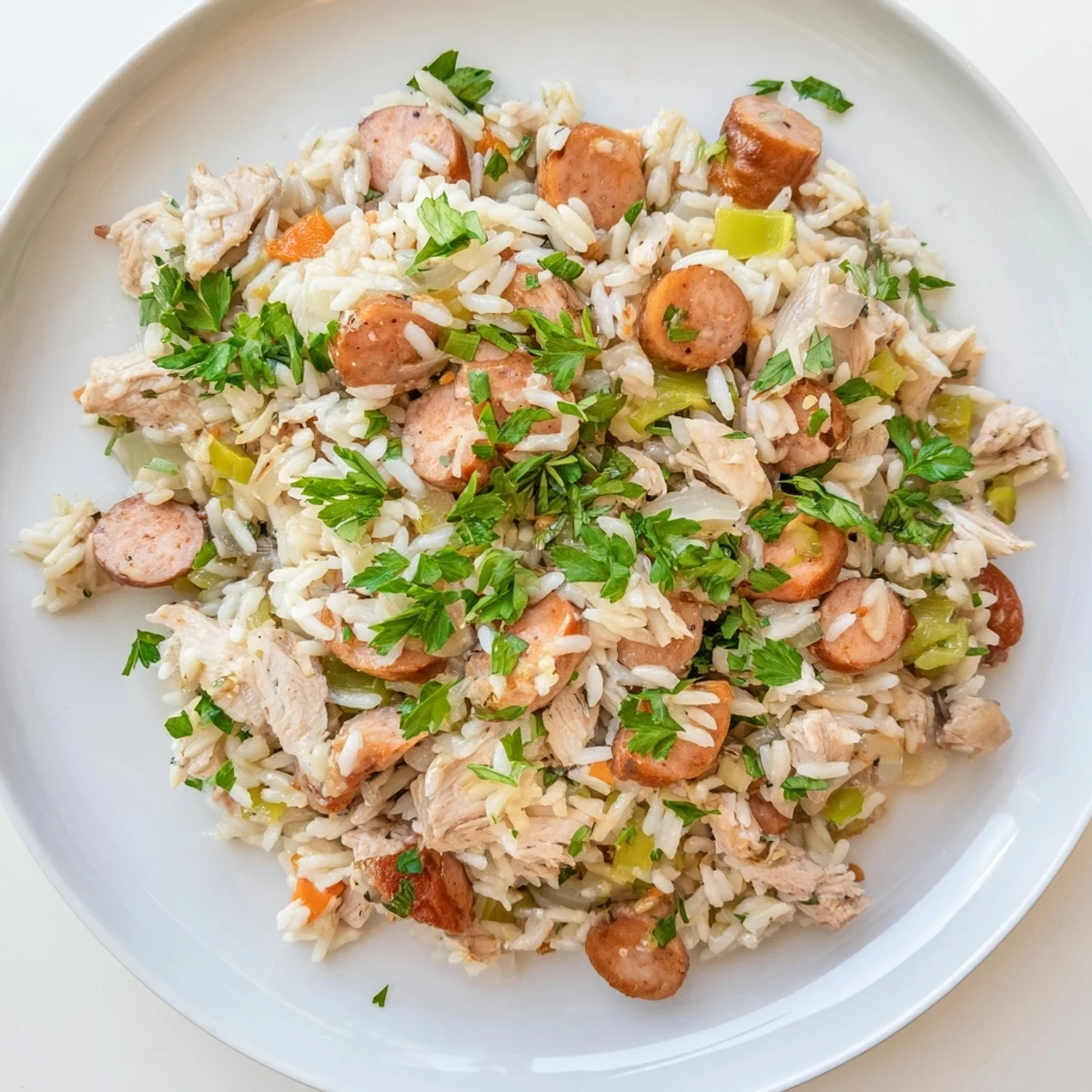 Golden Southern Chicken Bog plated family-style, a comforting gluten-free blend of spiced rice, tender chicken, and savory smoked sausage