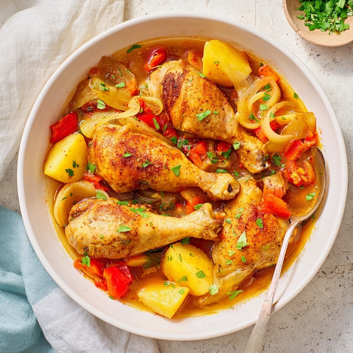 Golden Spanish chicken drumsticks stew with tender meat, colorful vegetables, and rustic spices simmering in a rich broth