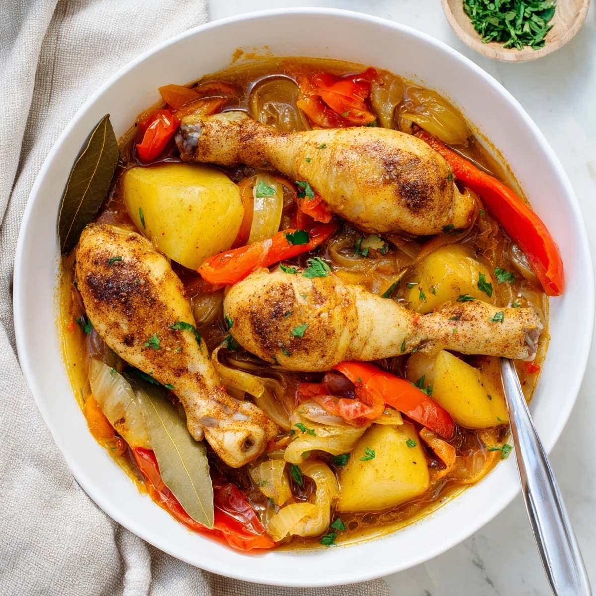 Savory Spanish chicken drumsticks stew with carrots and red peppers in a thick, flavorful sauce served family-style