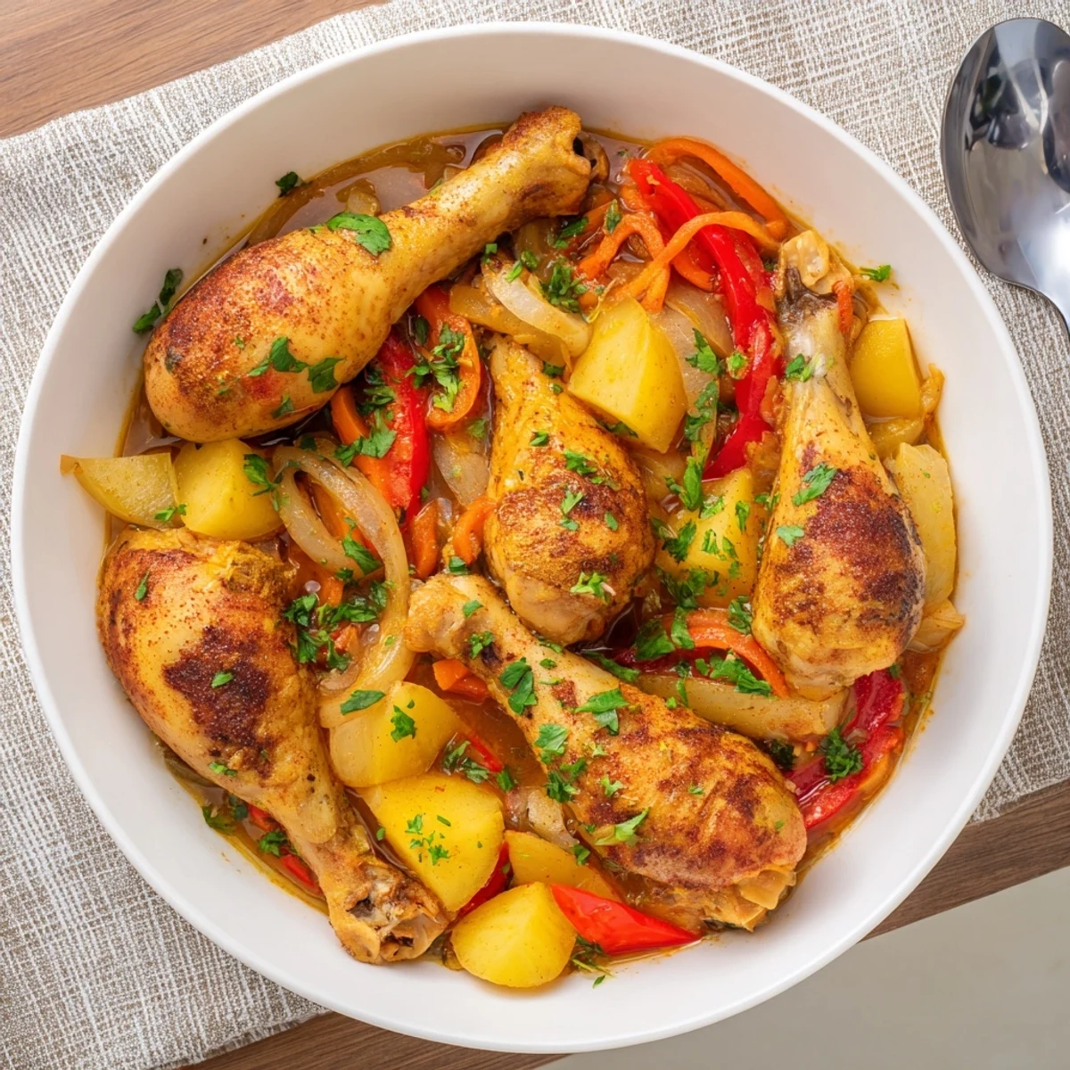 Hearty bowl of Spanish chicken drumsticks stew featuring chunky potatoes, bell peppers, and aromatic smoked paprika garnished with fresh parsley