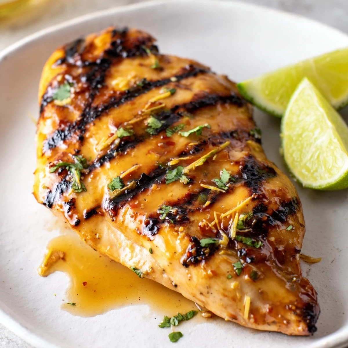 Key West Grilled Chicken glistening with honey-lime glaze, resting beside lime wedges
