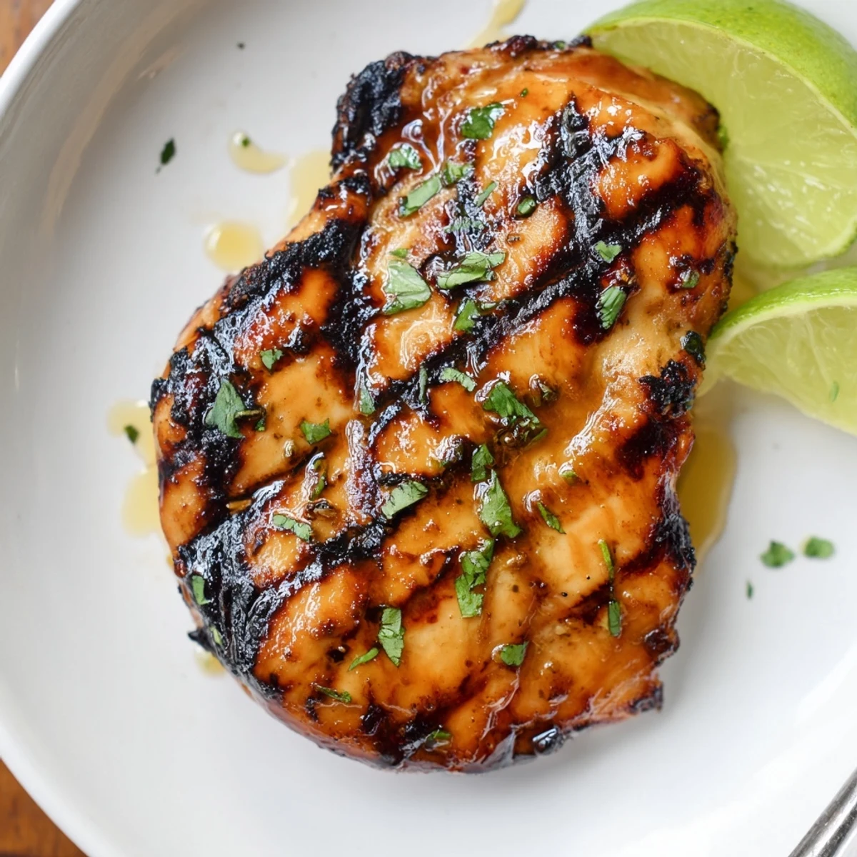 Charred Key West Grilled Chicken with cilantro garnish over coconut rice