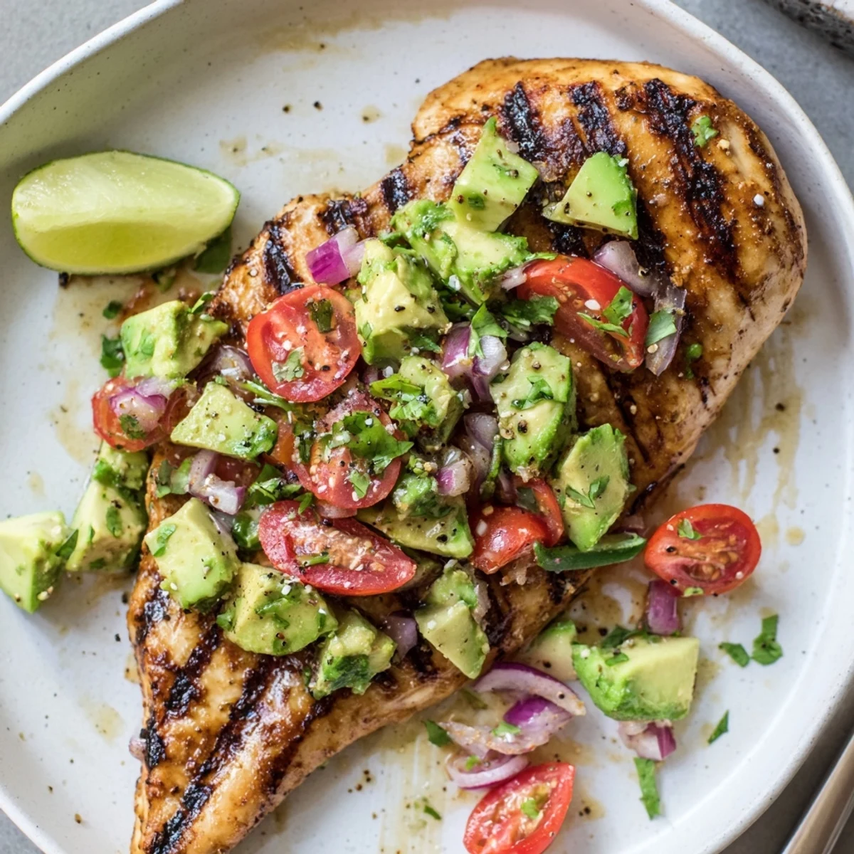 Juicy Grilled California Avocado Chicken resting on cutting board, creamy salsa glistening.