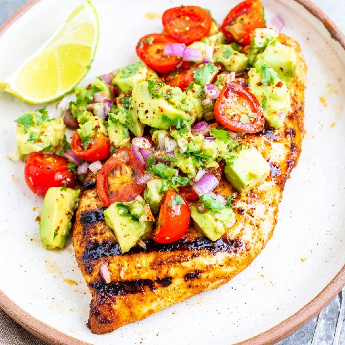 Smoky lime fragrance hints at Juicy Grilled California Avocado Chicken with avocado salsa.