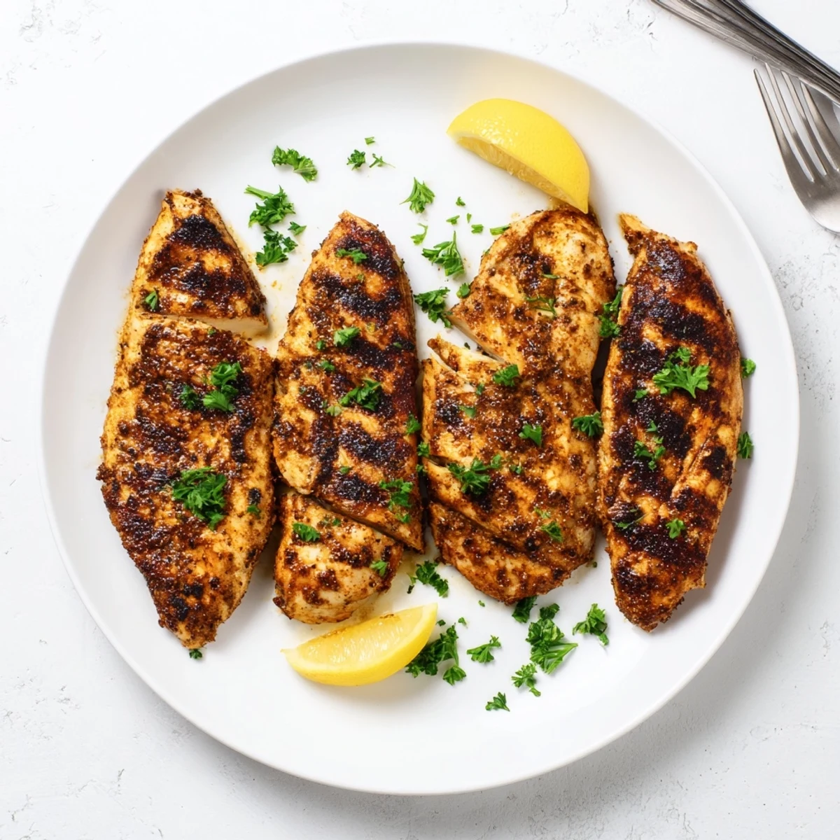 Sliced Grilled Chicken resting on cutting board, sprinkled parsley, steam rising