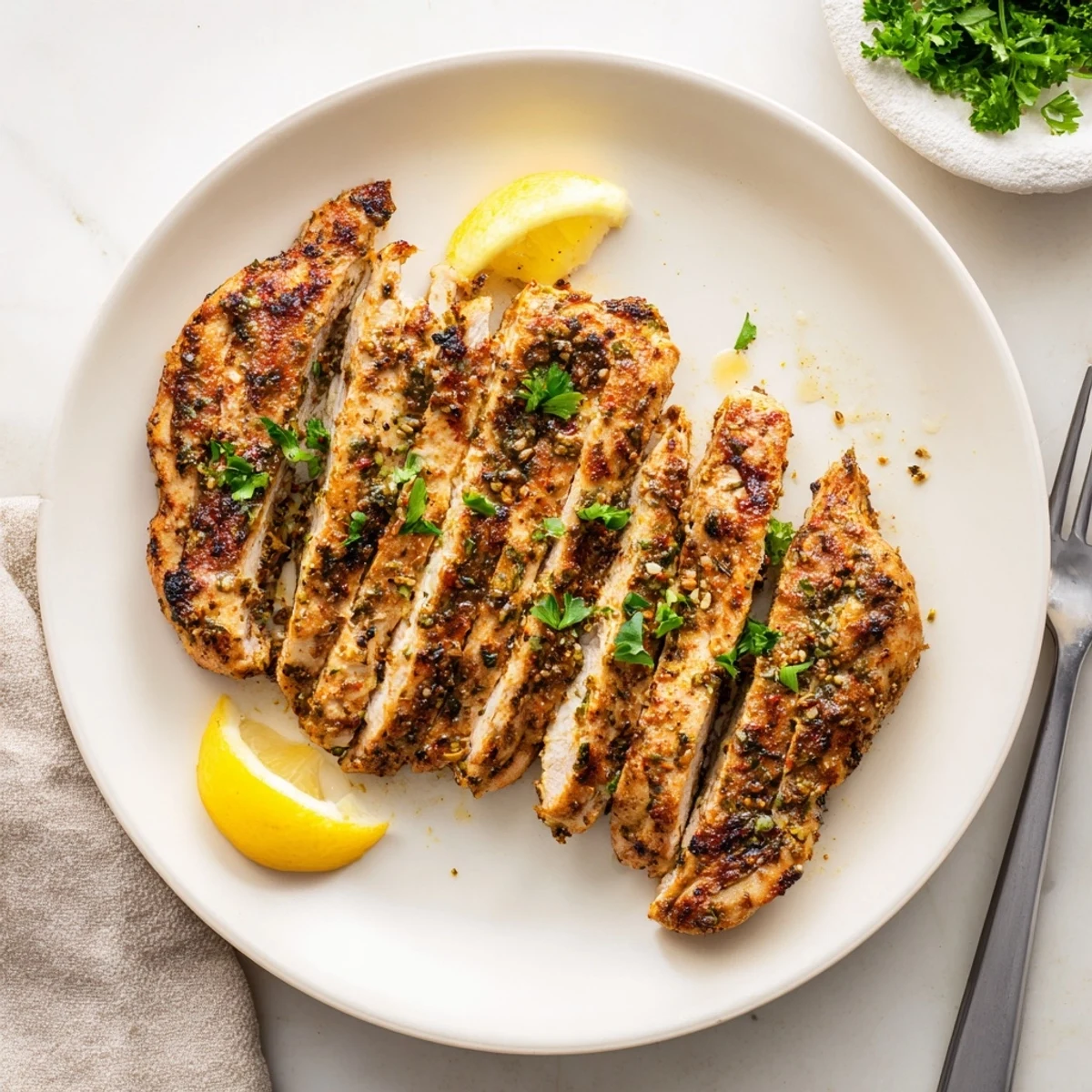 Grilled Chicken with charred grill marks, juicy interior, garnished with lemon