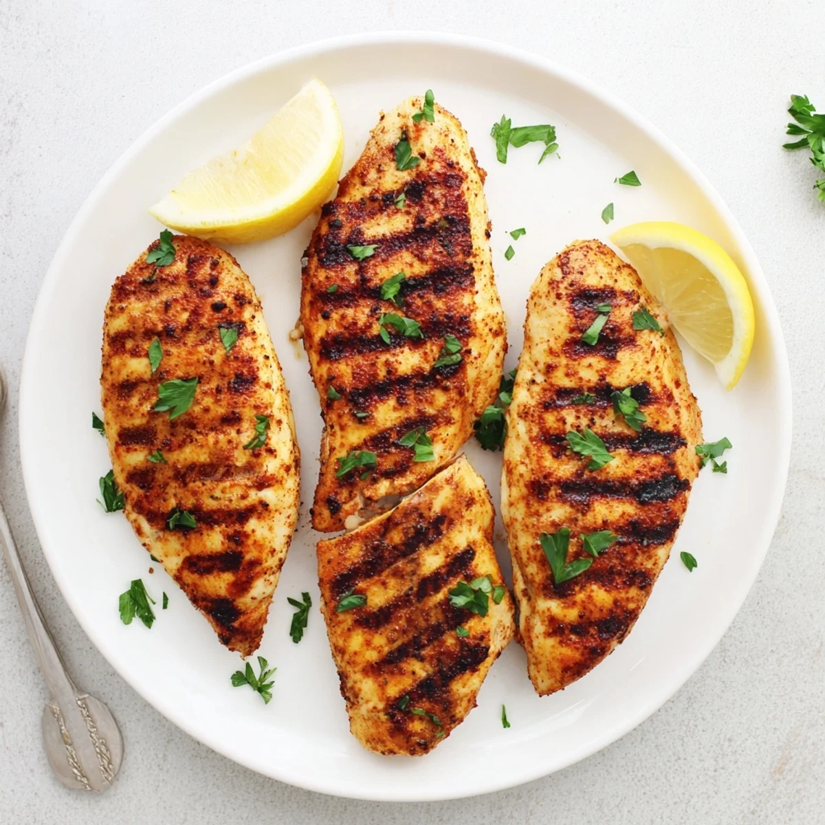 Herb marinated Grilled Chicken plated with lemon wedges and vibrant grilled vegetables