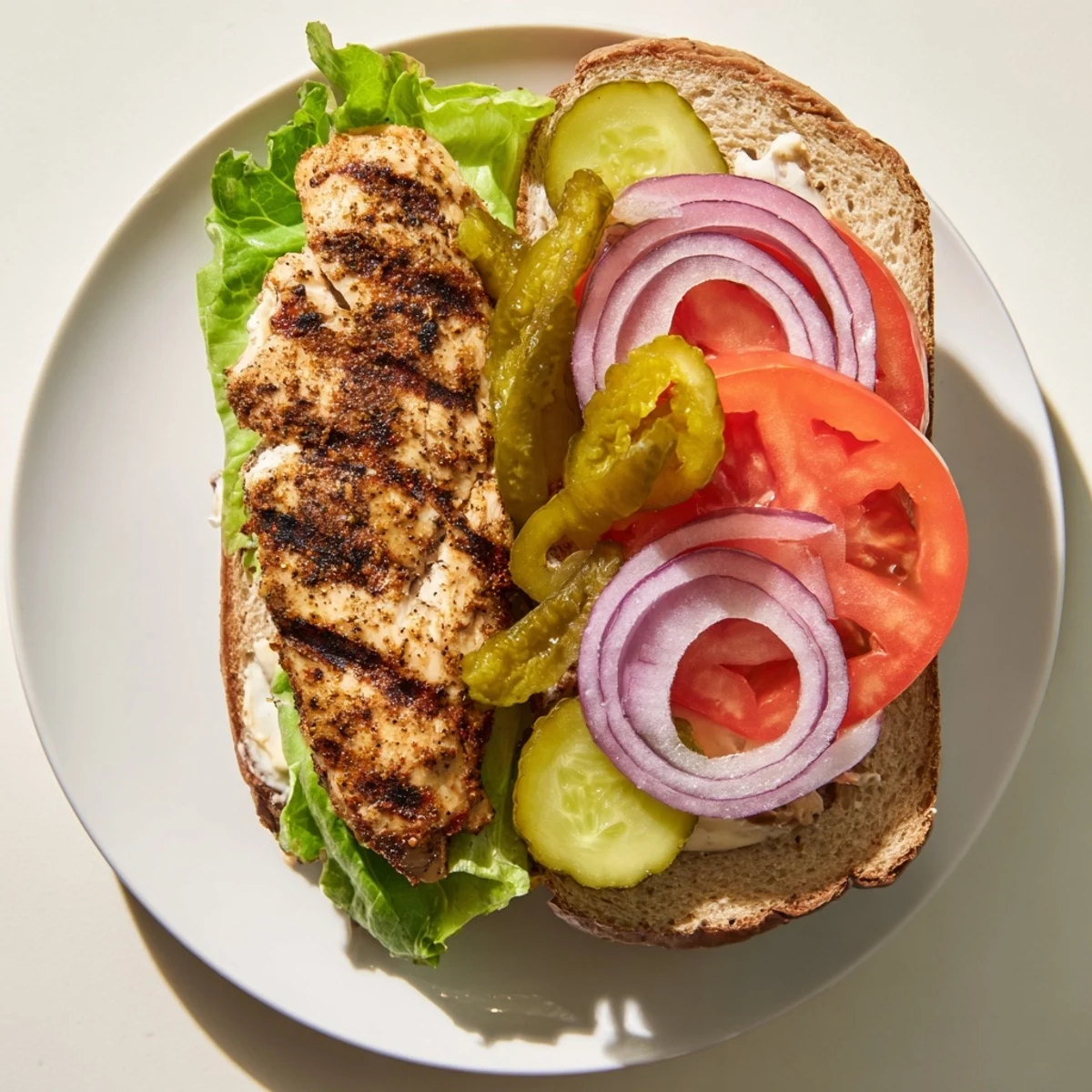 Golden savory spiced chicken sandwich stacked with fresh tomato, lettuce, and creamy mayo on toasted bun