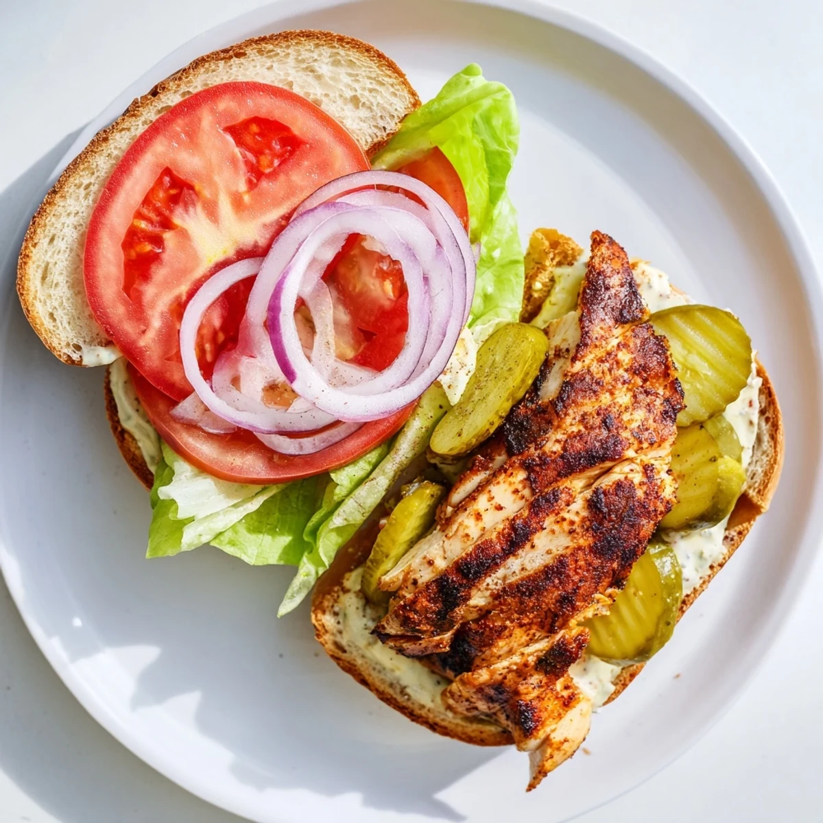 Juicy spice-rubbed grilled chicken breast layered with crisp vegetables and tangy sauce on a split sandwich roll