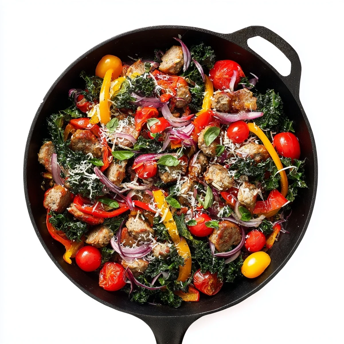 Golden sausage peppers greens skillet one pan dinner with colorful vegetables in a cast iron pan