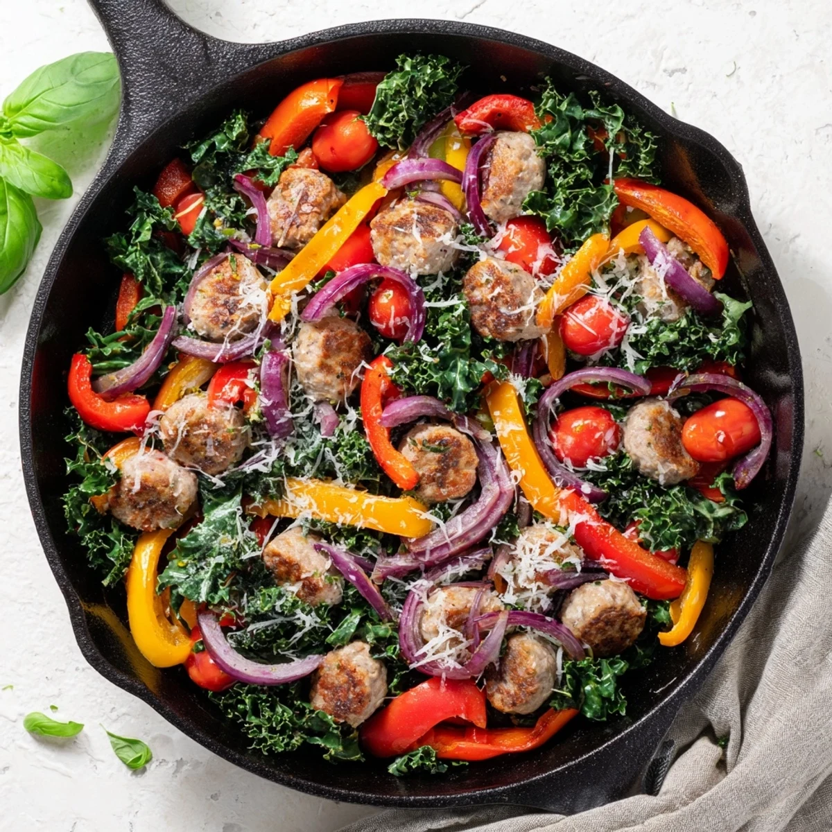 Hearty sausage peppers greens skillet one pan dinner featuring wilted kale and caramelized bell peppers