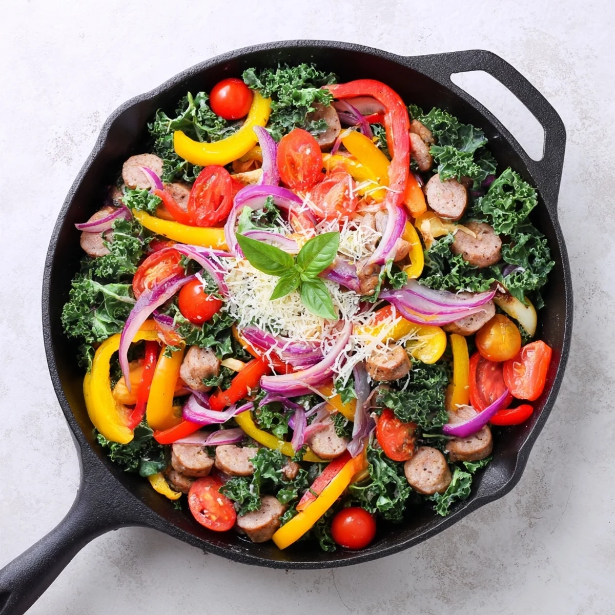 Savory sausage peppers greens skillet one pan dinner served hot with fresh basil garnish