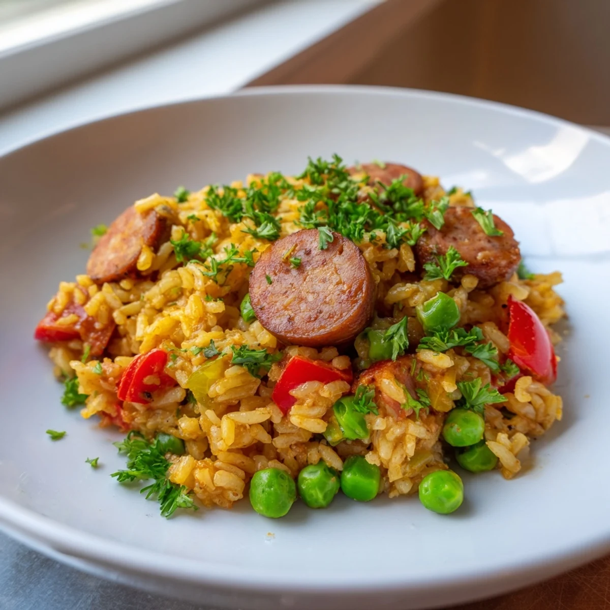 Golden crispy skillet rice with savory chicken sausage and colorful vegetables in a cast iron pan