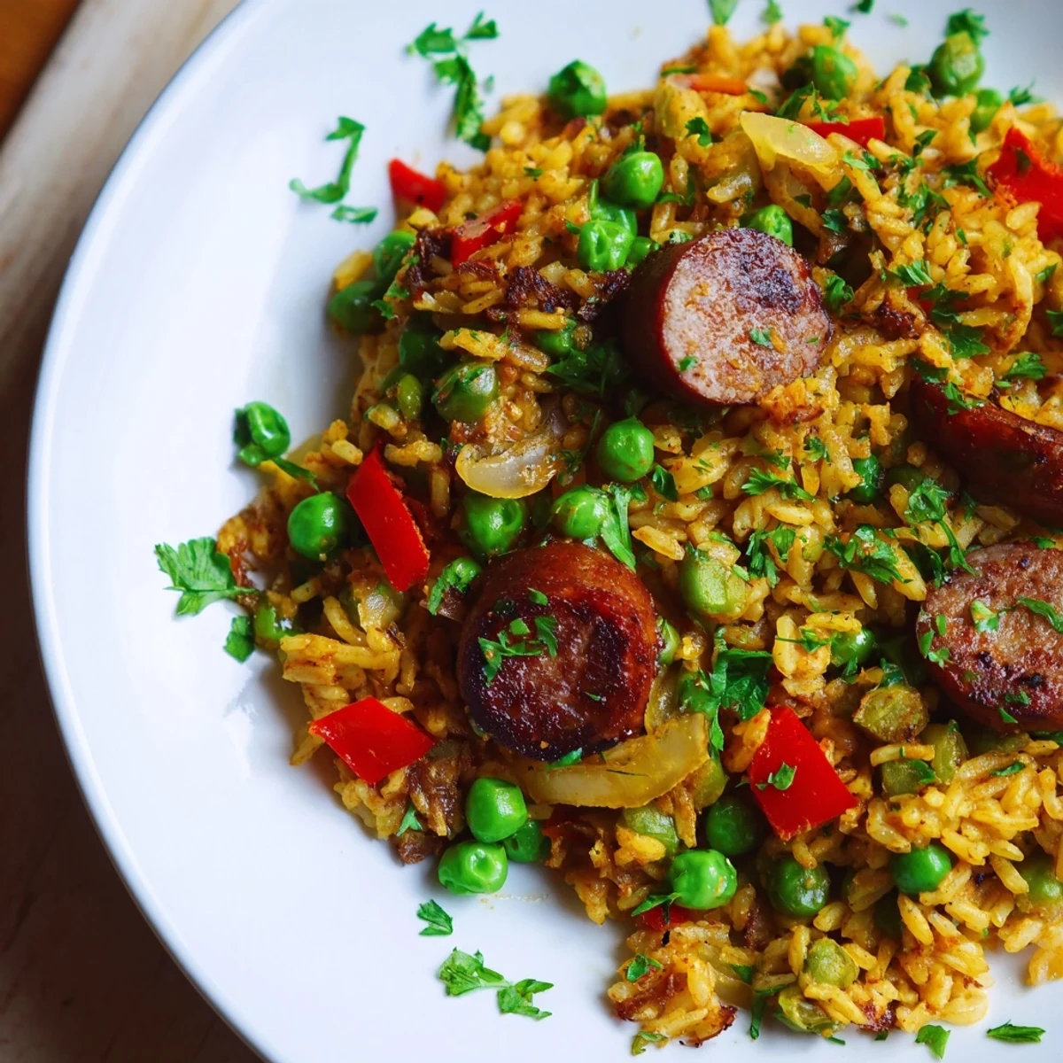 One-pan crispy rice dish topped with browned chicken sausage, red bell peppers, and green peas
