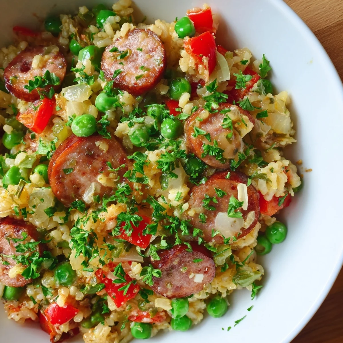 Comforting skillet rice with savory sausage featuring a crunchy golden bottom and tender vegetables