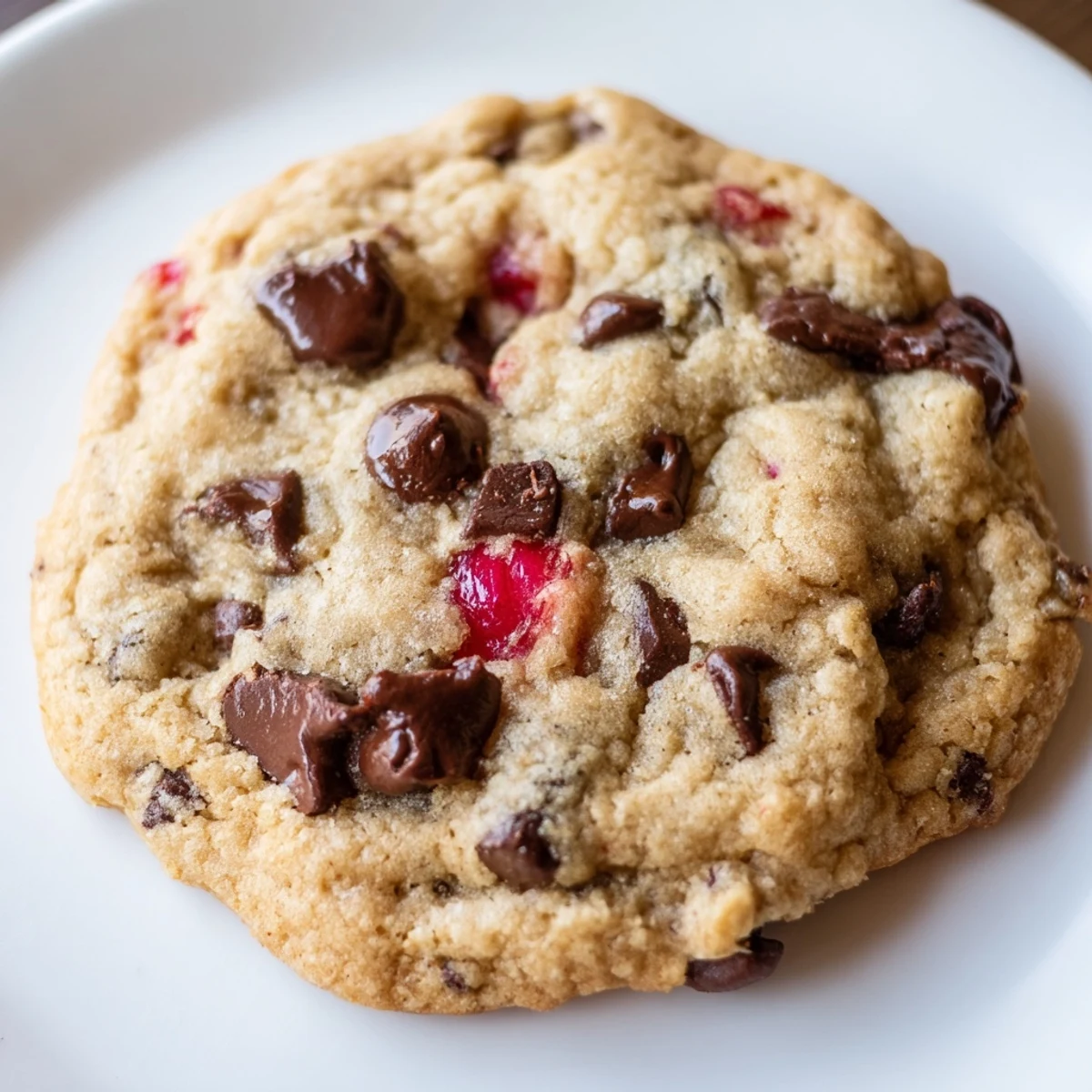 Soft golden maraschino cherry chocolate chip cookies studded with bright red cherries and melted chocolate chips on a white plate