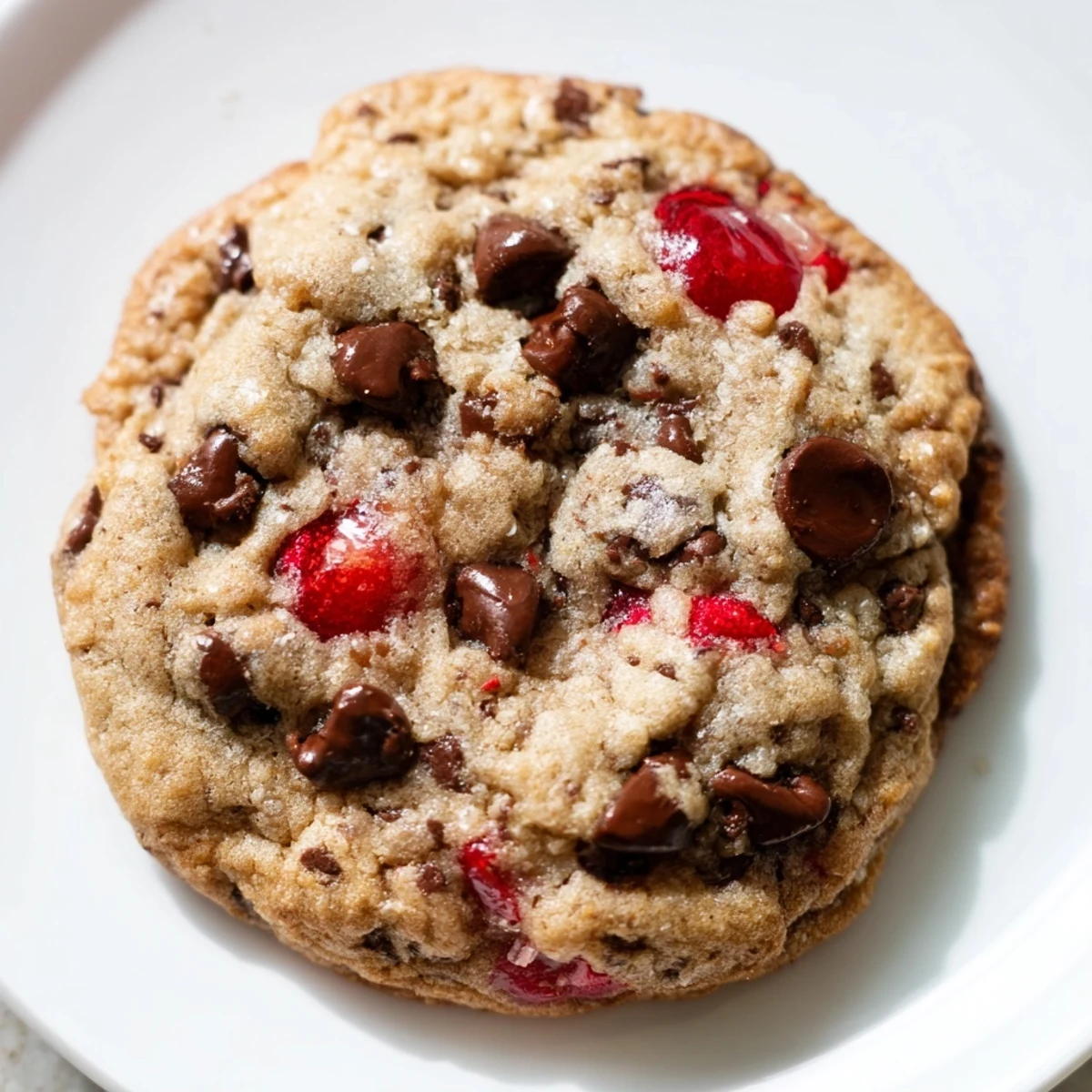 Stack of warm maraschino cherry chocolate chip cookies showing soft centers with scattered red cherry bits and rich chocolate morsels
