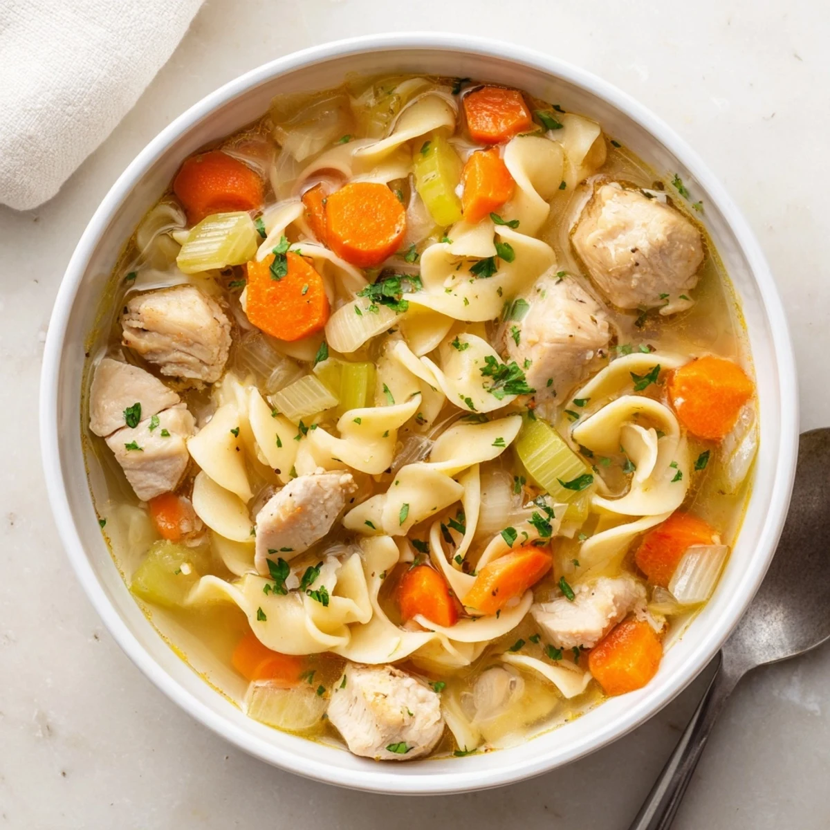 Golden chicken and egg noodles simmer in a rich broth with colorful carrots and celery