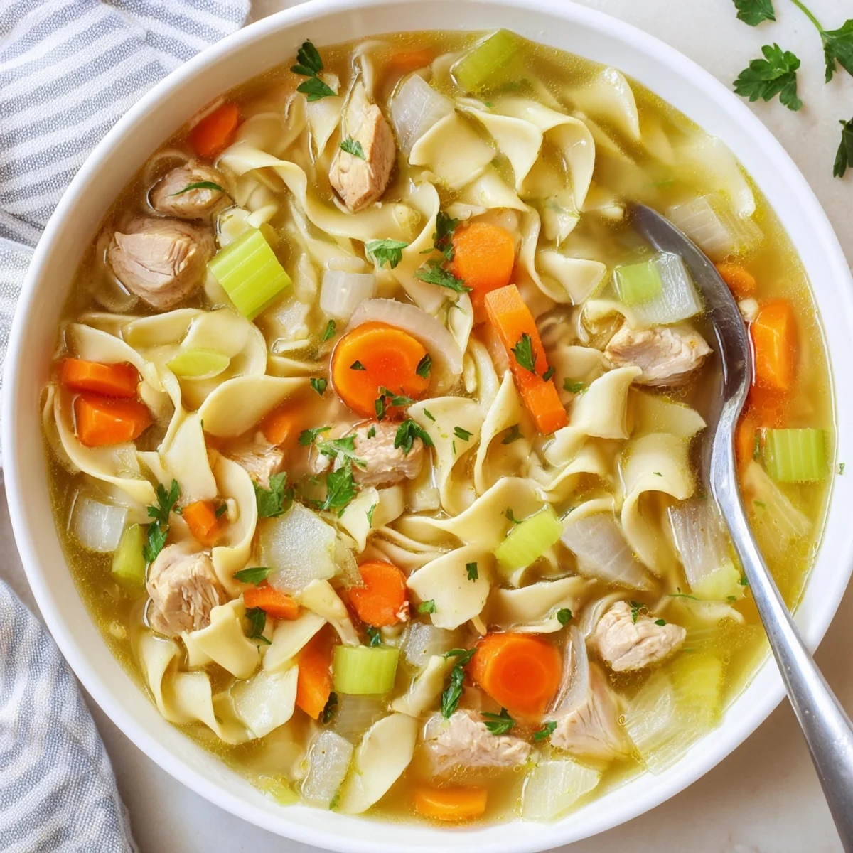 Hearty chicken and noodles dish featuring tender meat and vegetables in a savory aromatic broth