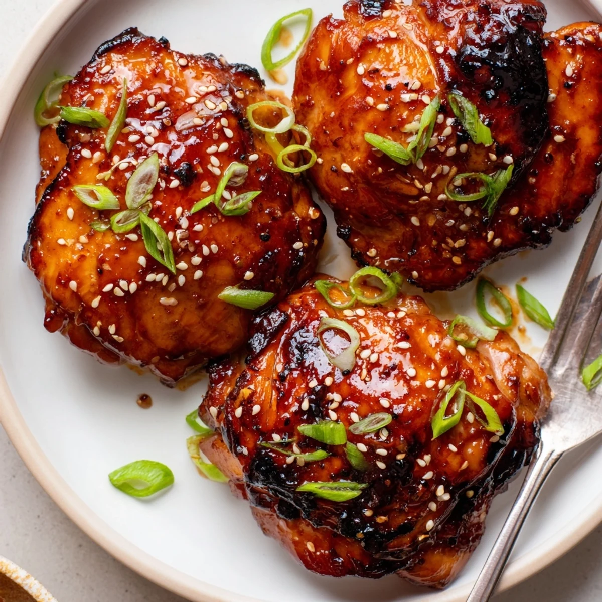 Caramelized Juicy Korean Chicken Thighs on a platter, garnished with scallions