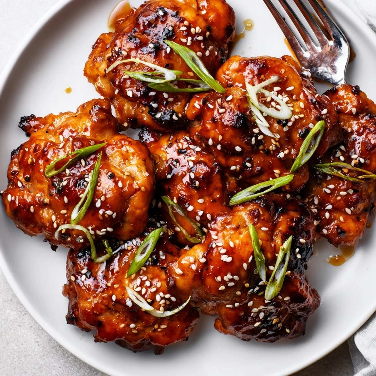 Juicy Korean Chicken Thighs glistening with sesame, sliced over steamed white rice