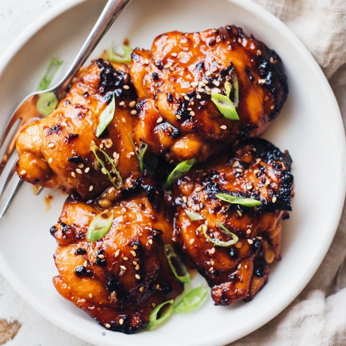 Smoky grilled Juicy Korean Chicken Thighs served hot beside kimchi and rice
