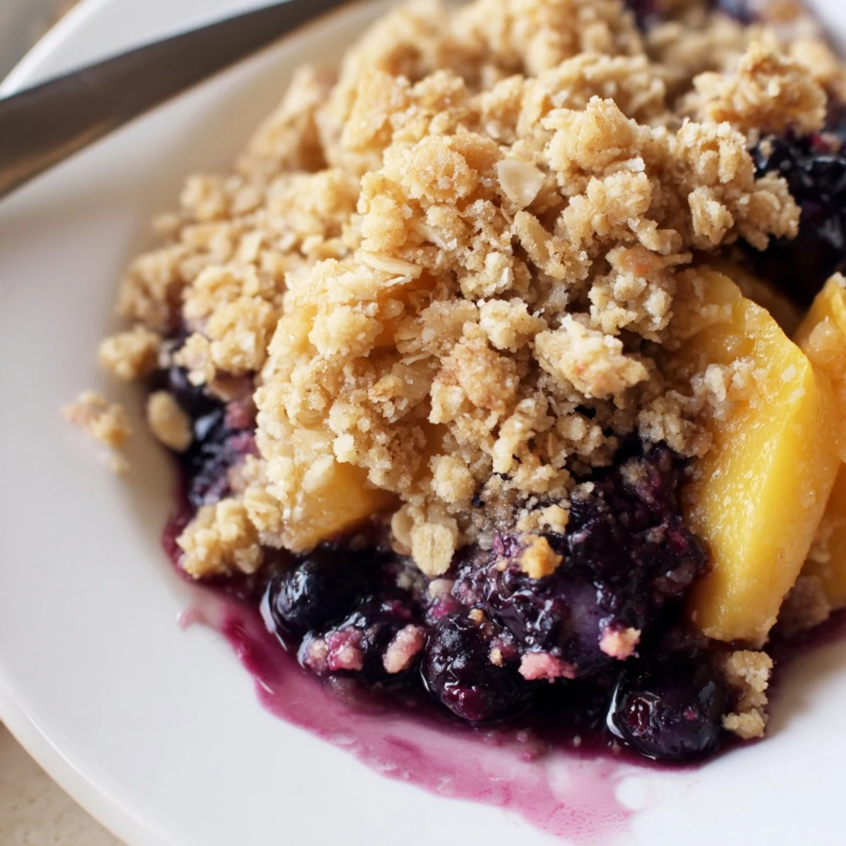 Blueberry Peach Crumble bubbling golden, warm from oven with melting vanilla ice cream